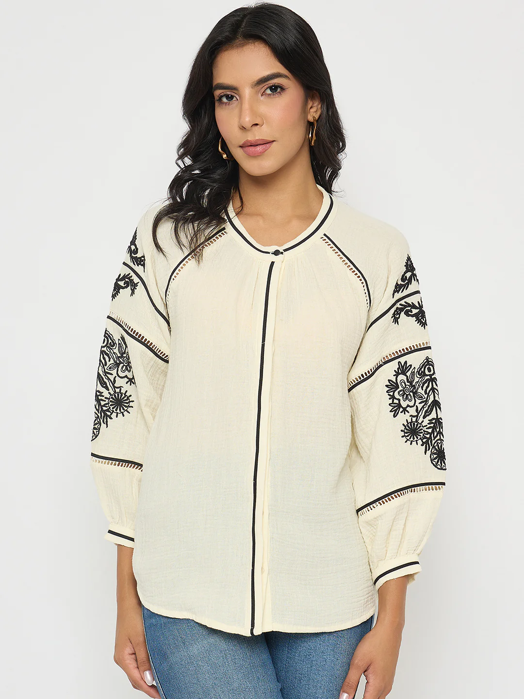 Madame Embroidered Pleat Detailing Off White Cotton Top - Image 3