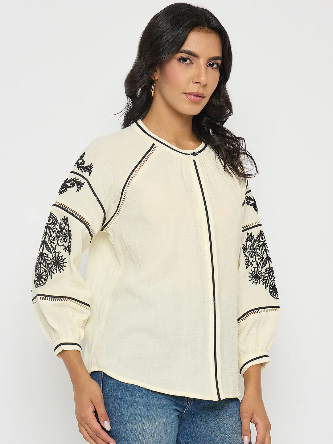 Madame Embroidered Pleat Detailing Off White Cotton Top - Image 4
