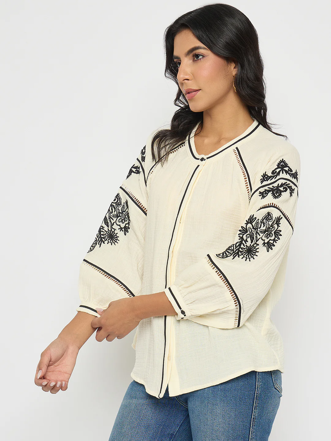Madame Embroidered Pleat Detailing Off White Cotton Top - Image 5