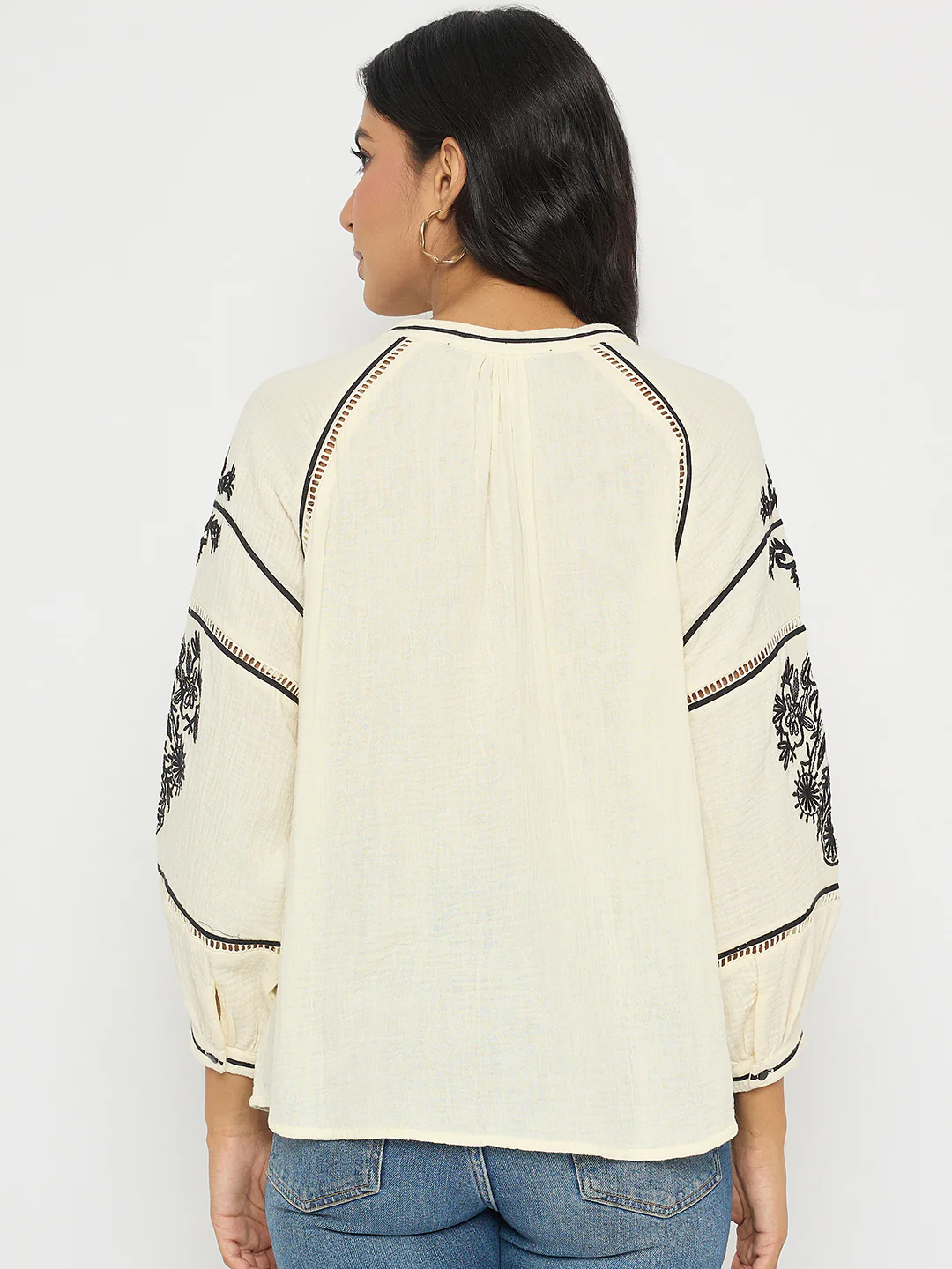 Madame Embroidered Pleat Detailing Off White Cotton Top - Image 6