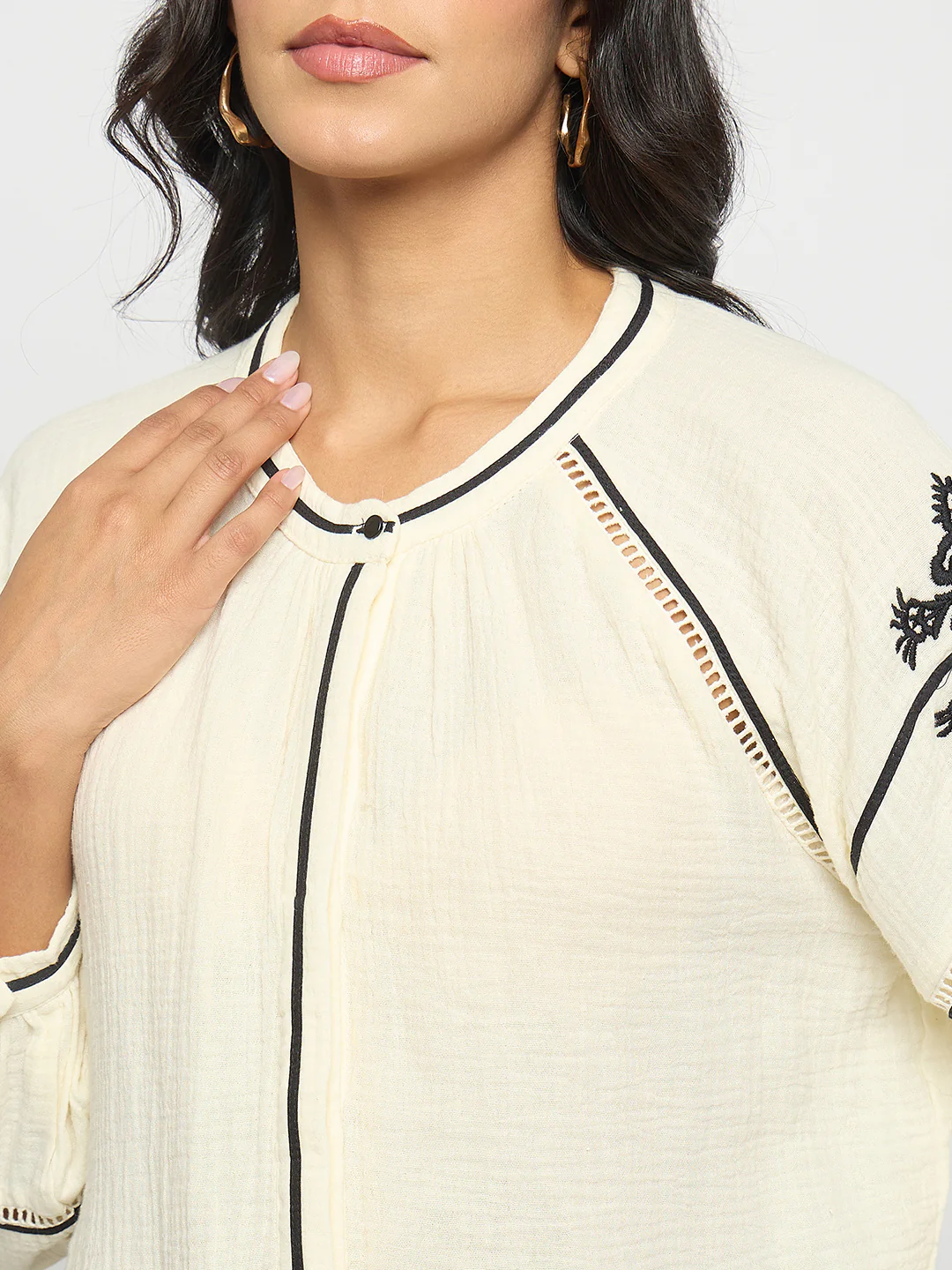 Madame Embroidered Pleat Detailing Off White Cotton Top - Image 7