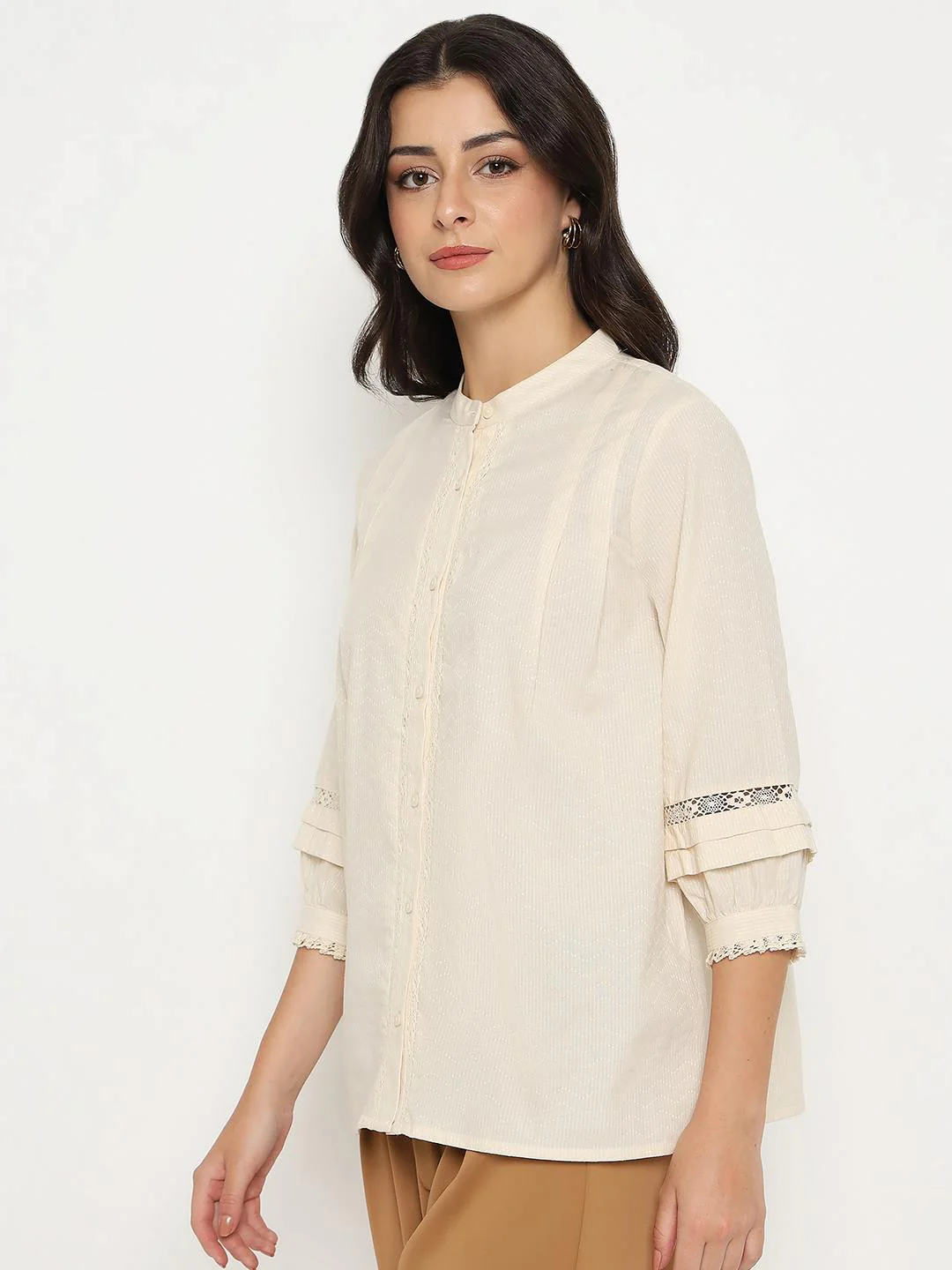 Madame Striped Off-White Cotton Blend Top - Image 5