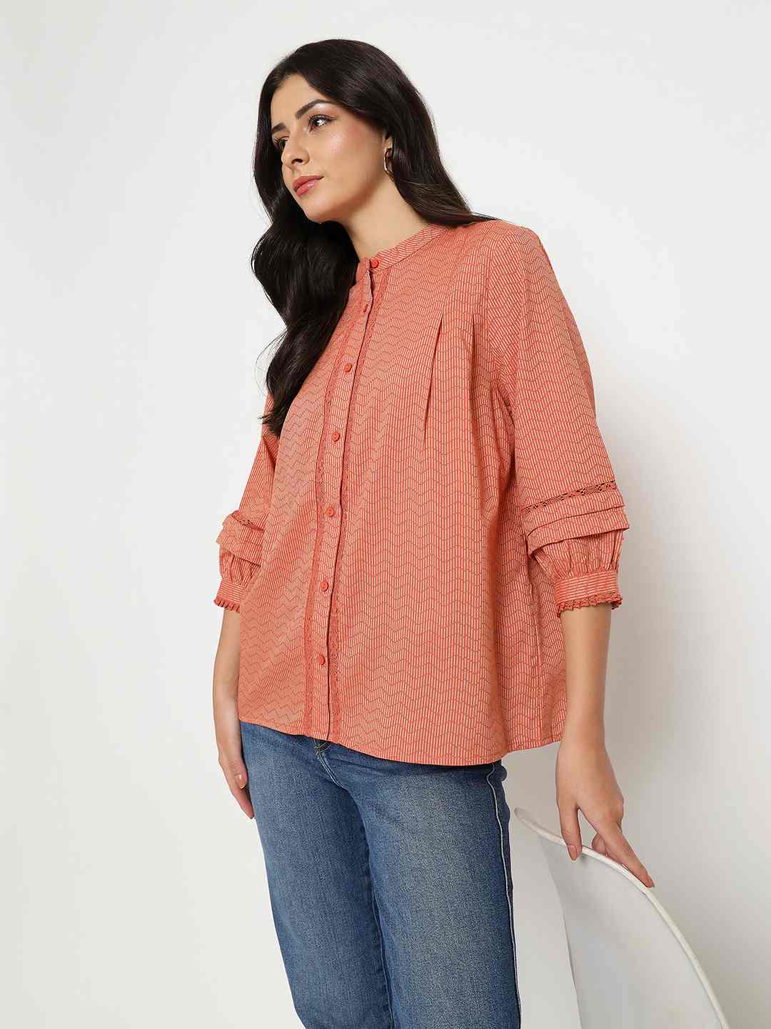 Madame Striped Rust Red Cotton Blend Top