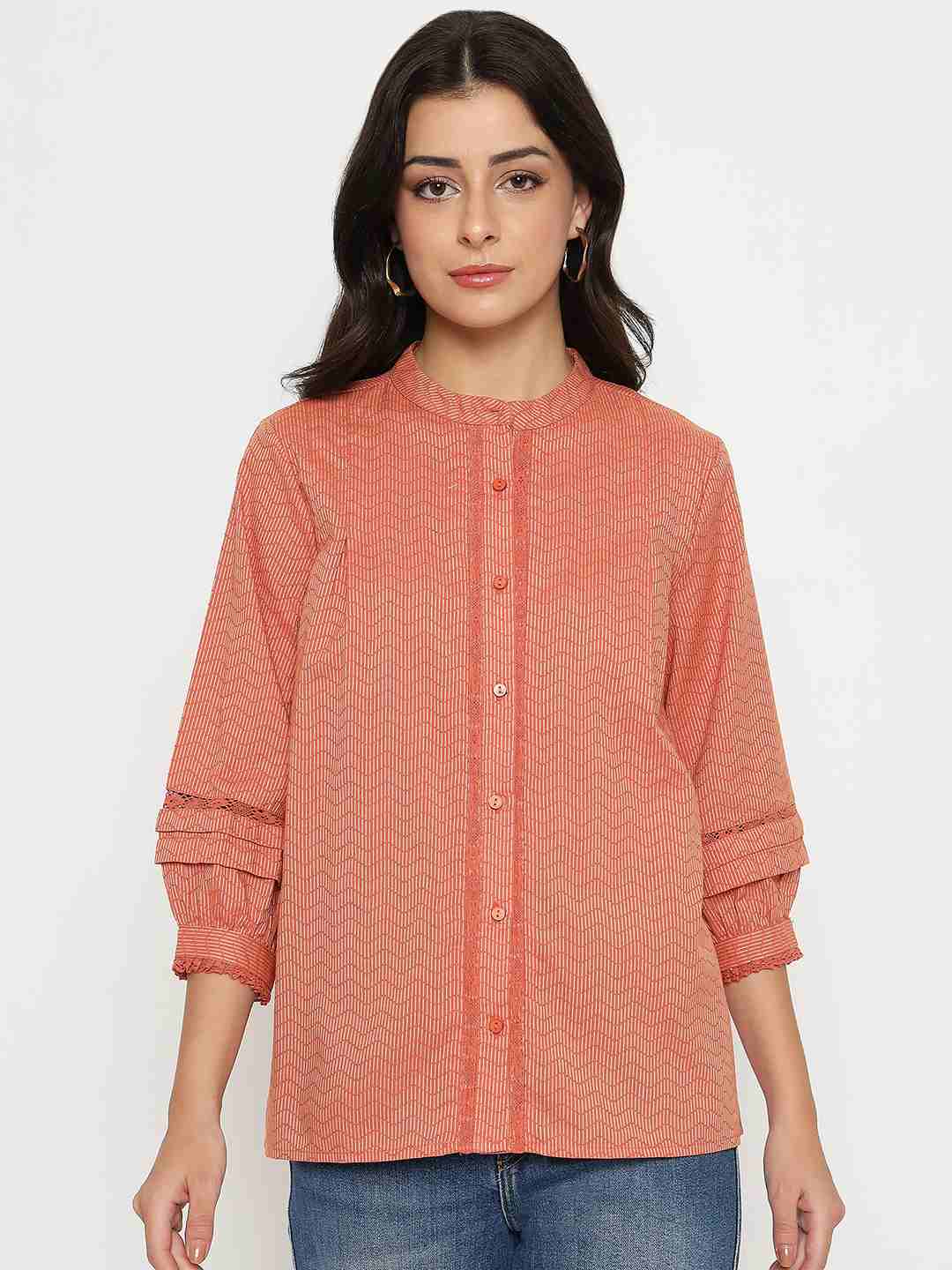 Madame Striped Rust Red Cotton Blend Top - Image 3