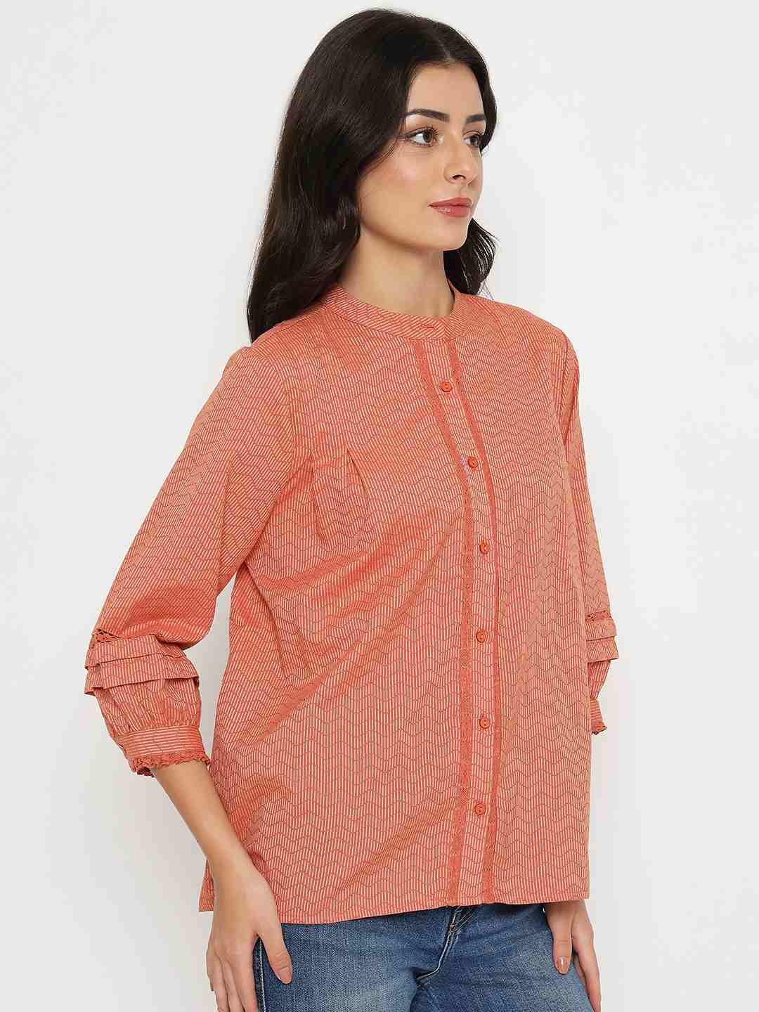 Madame Striped Rust Red Cotton Blend Top - Image 4