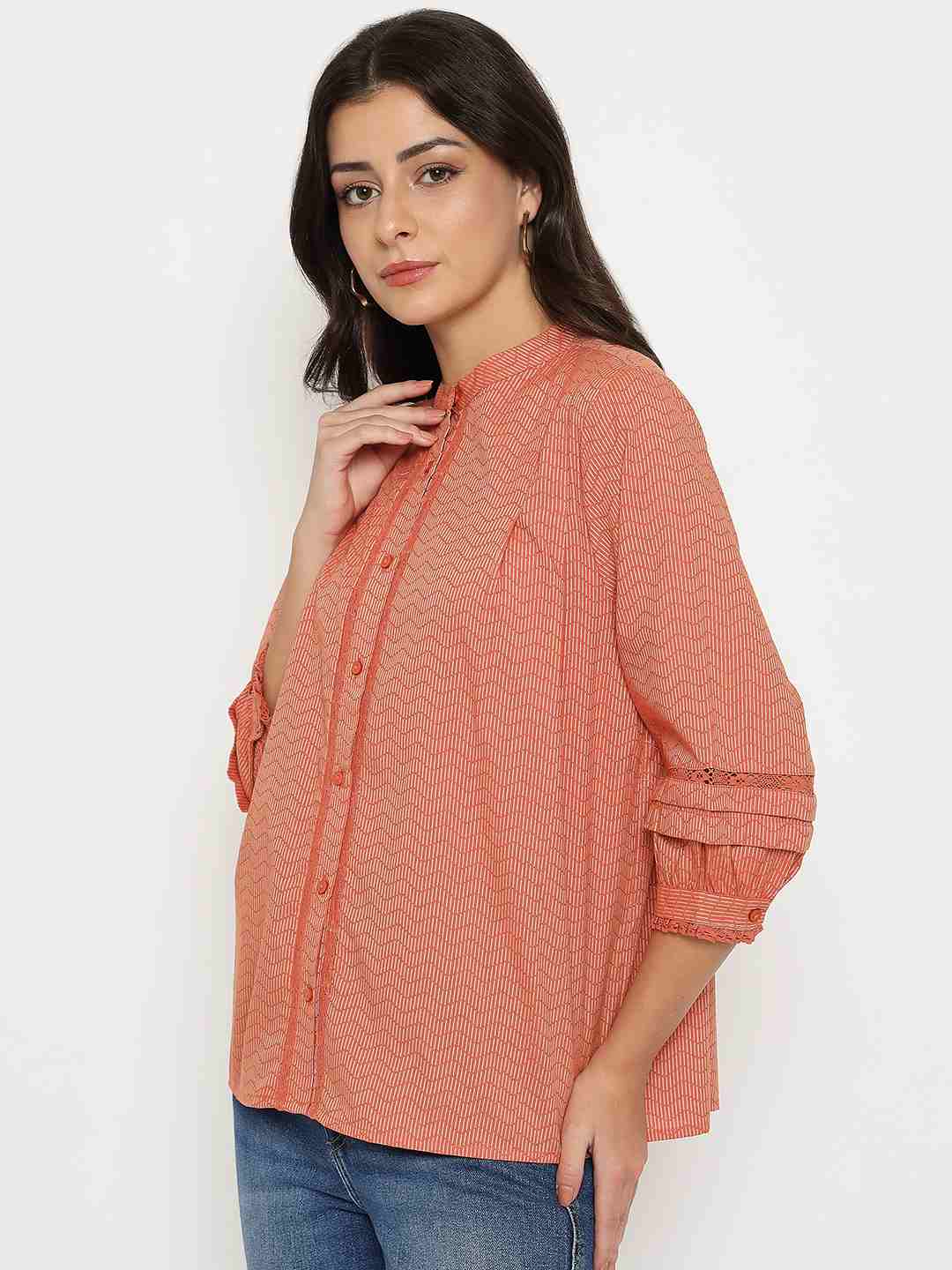 Madame Striped Rust Red Cotton Blend Top - Image 5
