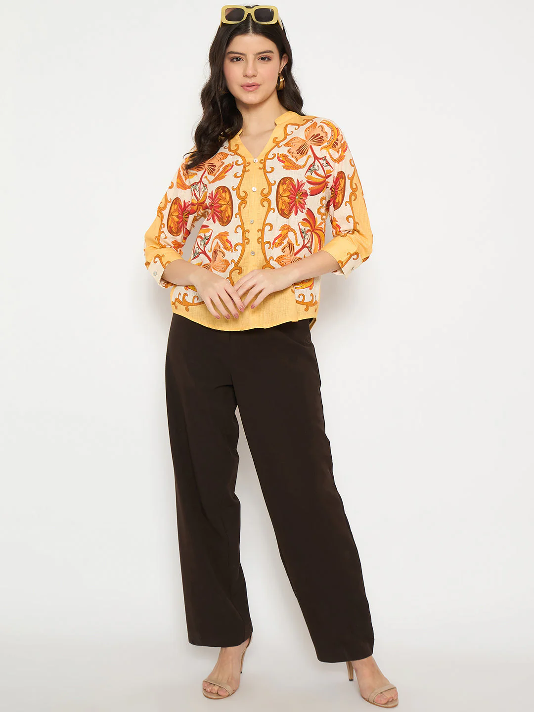 Madame Placement Printed Yellow Cotton Top - Image 2
