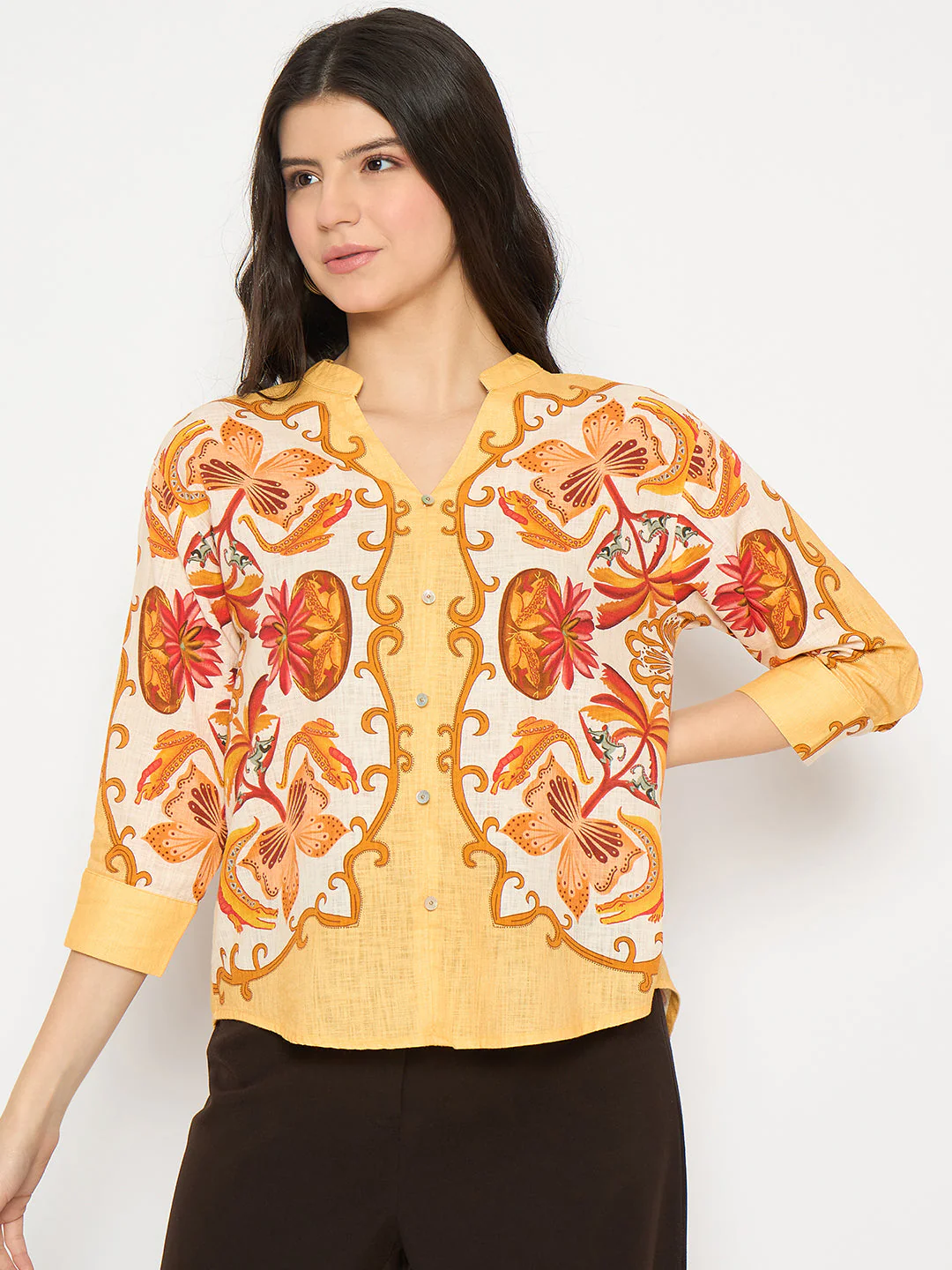 Madame Placement Printed Yellow Cotton Top - Image 3