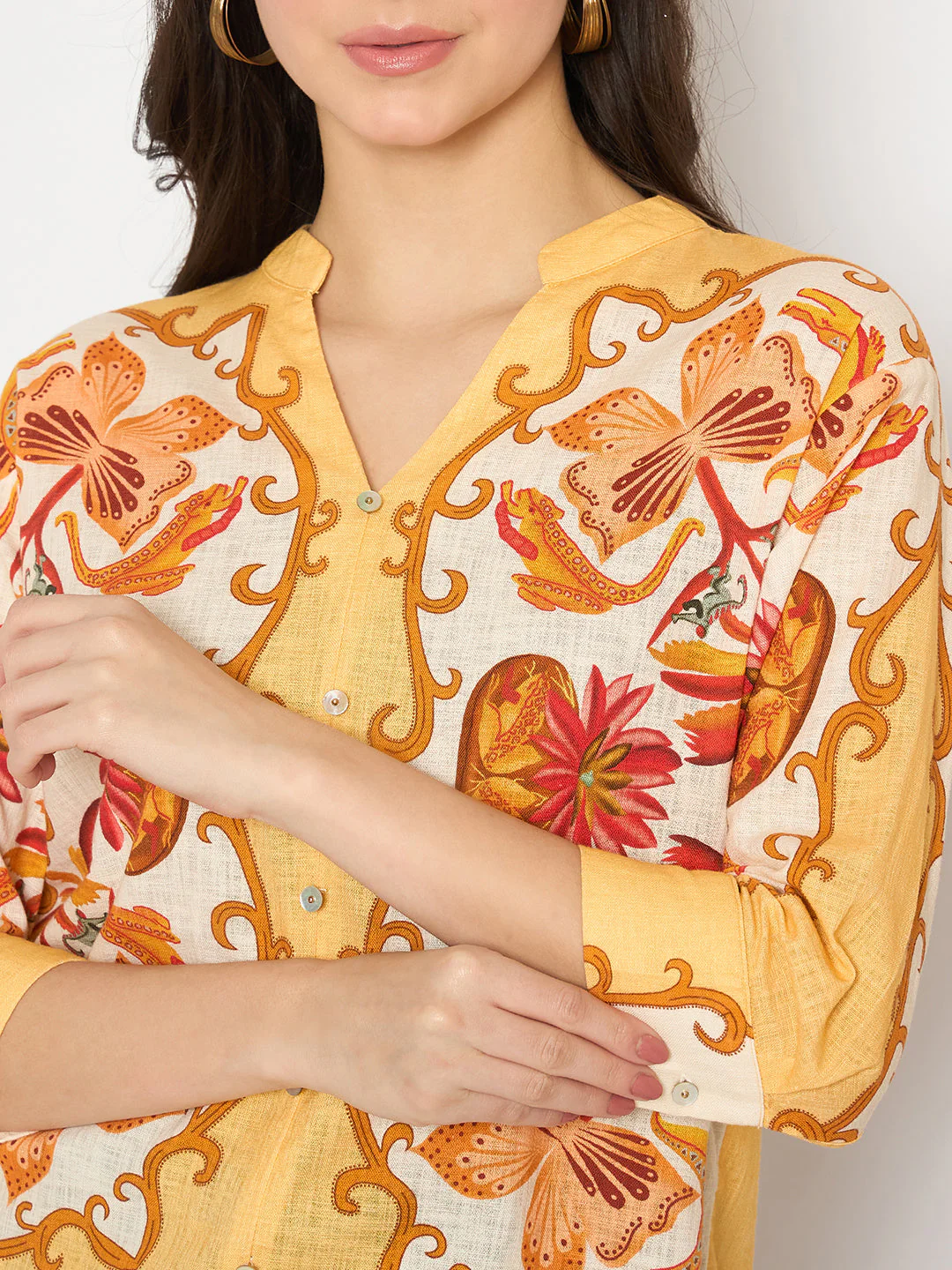 Madame Placement Printed Yellow Cotton Top - Image 7