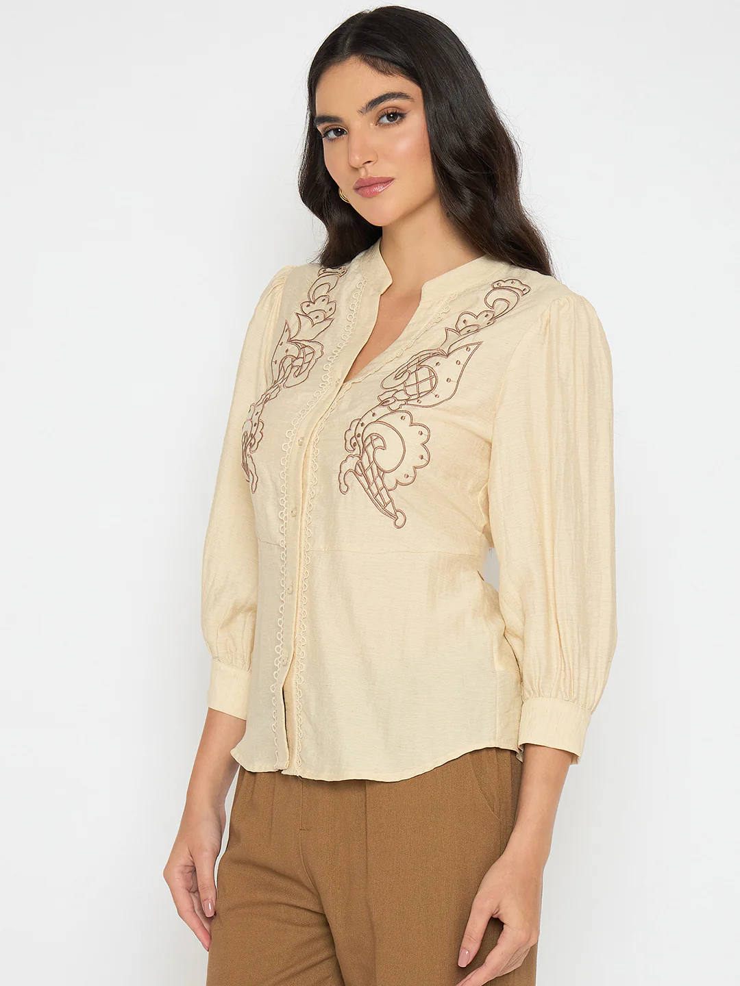 Madame Embroidered Lace Detailed Beige Top - Image 5