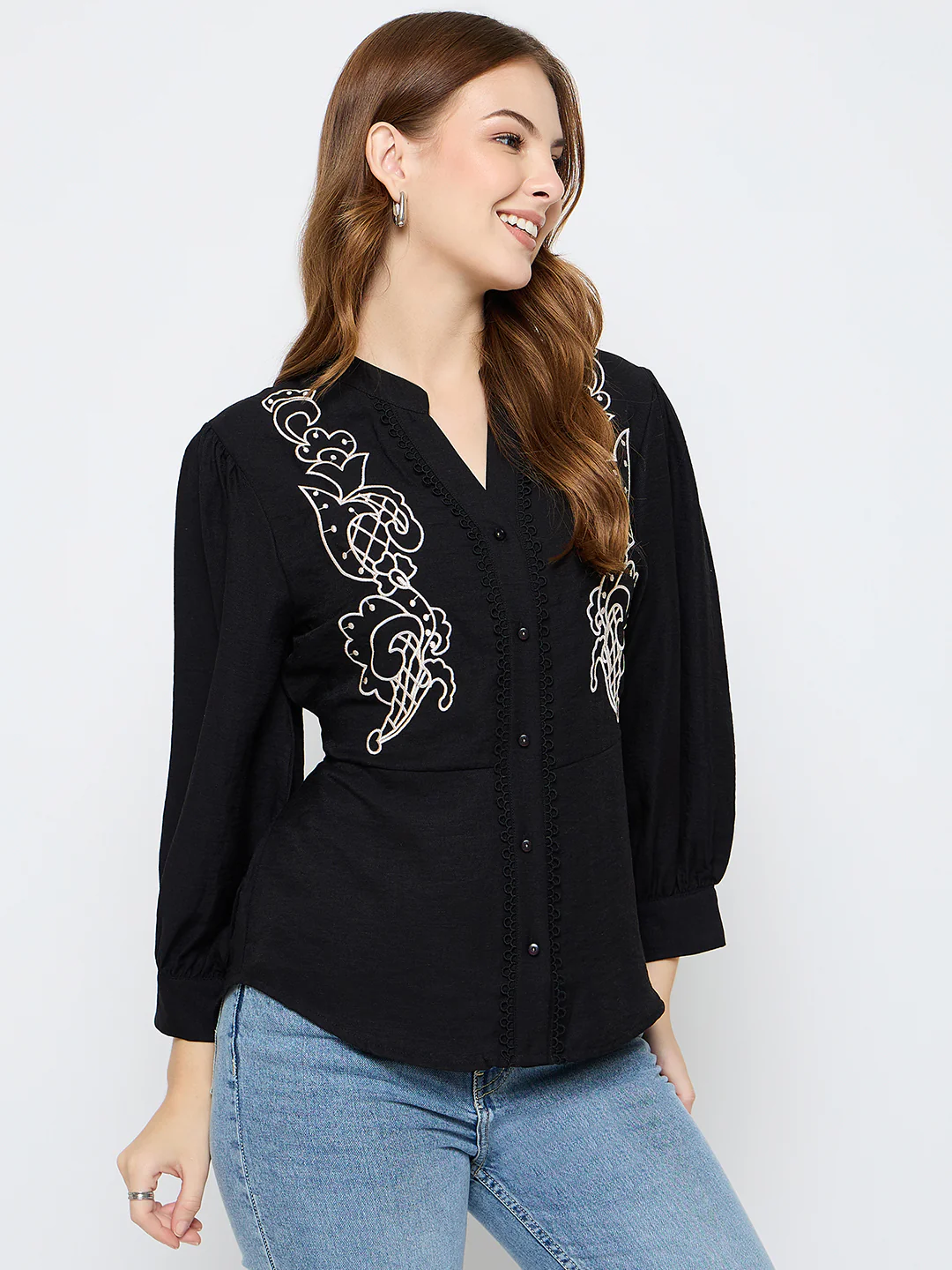Madame Embroidered Rayon Blend Black Top - Image 4