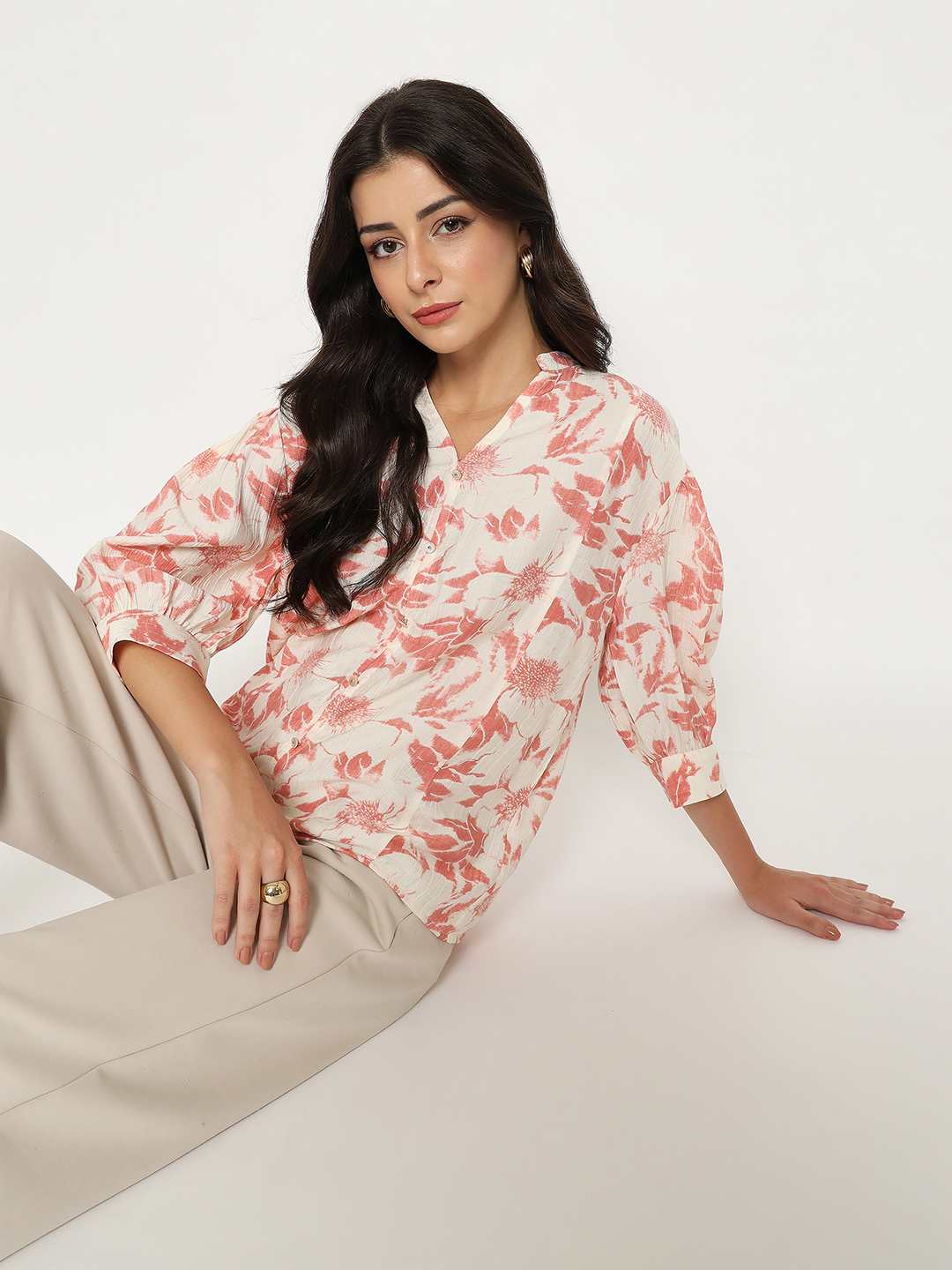 Madame Botanical Print Coral Rayon Blend Top