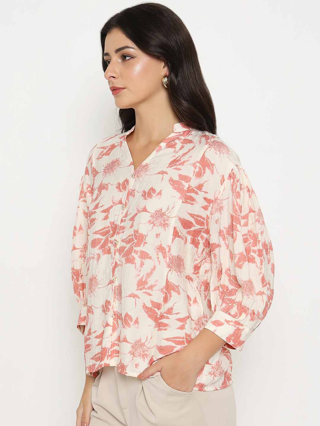 Madame Botanical Print Coral Rayon Blend Top - Image 5