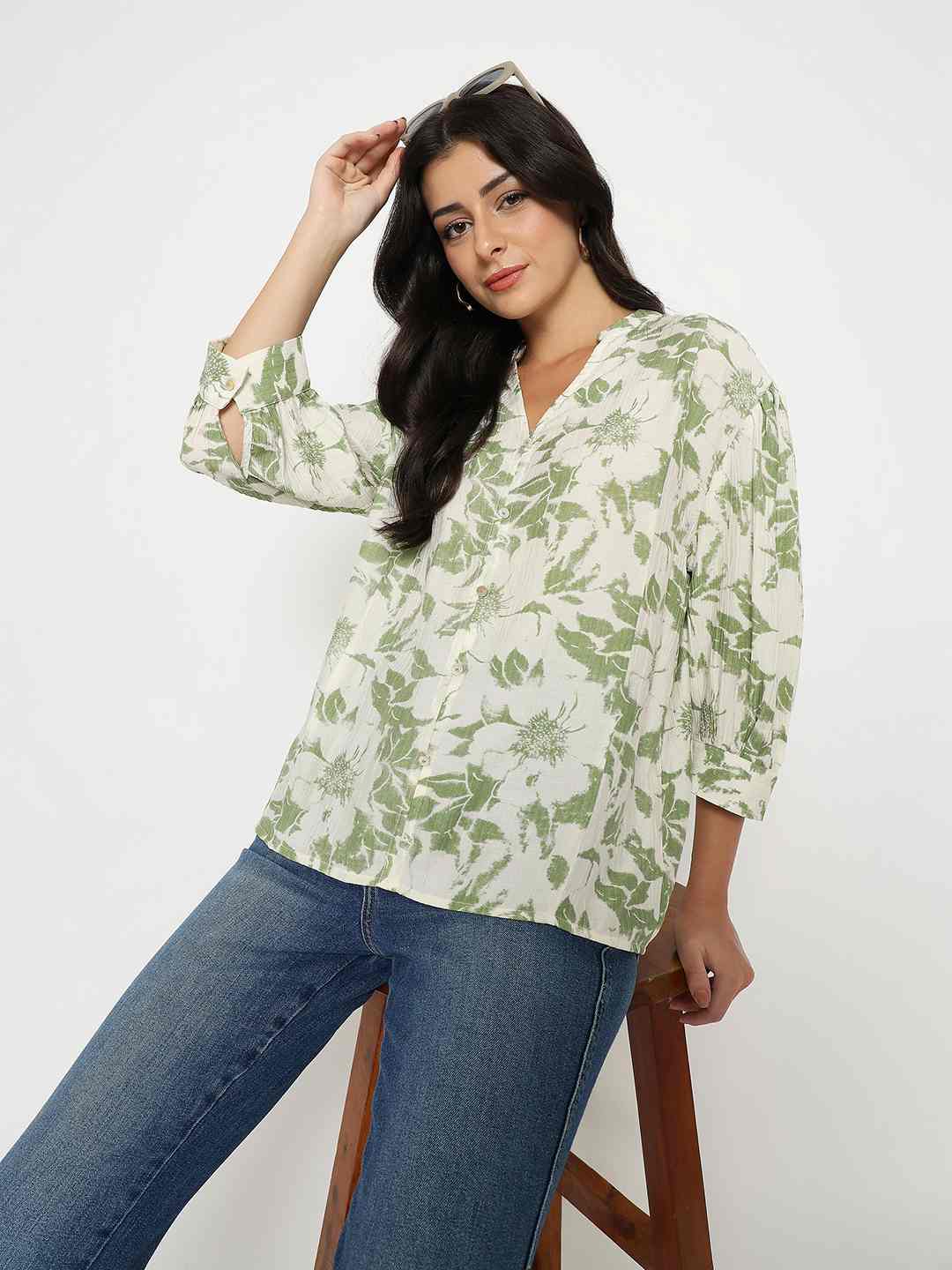 Madame Botanical Print Green Rayon Blend Top