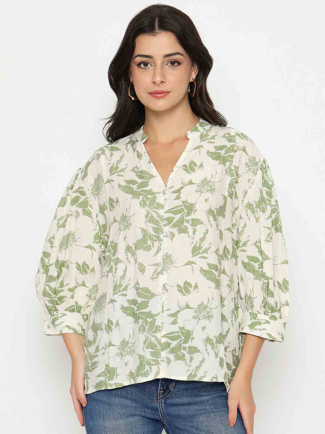 Madame Botanical Print Green Rayon Blend Top - Image 3