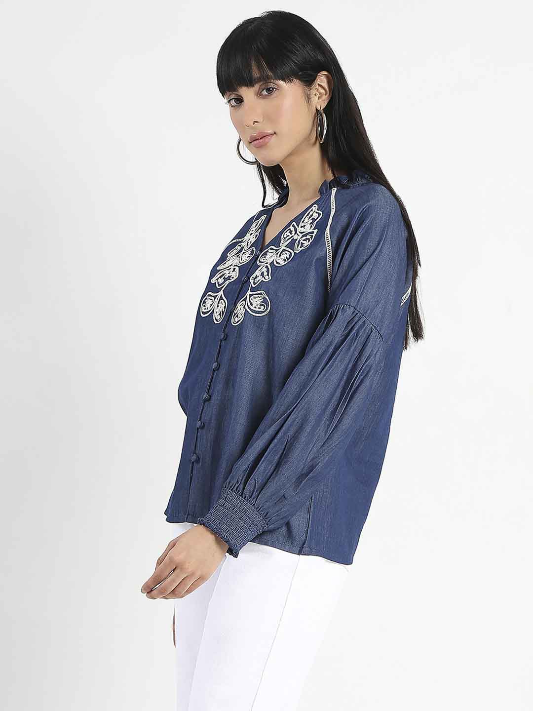 Madame Embroidered Cotton Blend Denim Top - Image 2