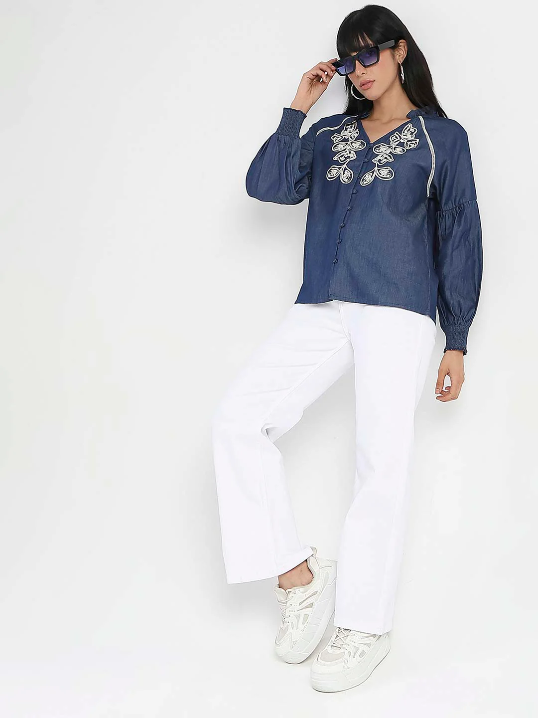Madame Embroidered Cotton Blend Denim Top - Image 5