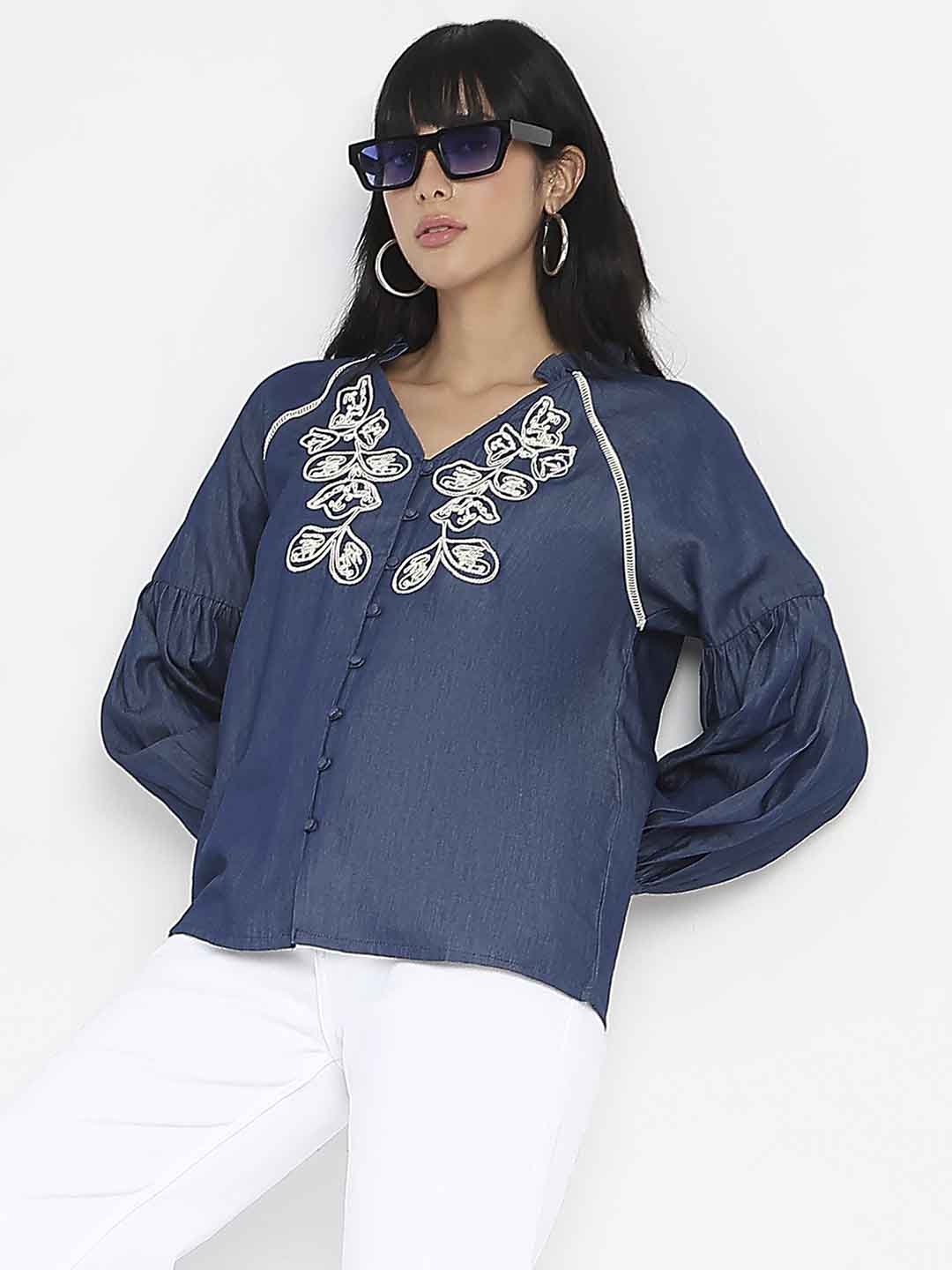 Madame Embroidered Cotton Blend Denim Top - Image 6