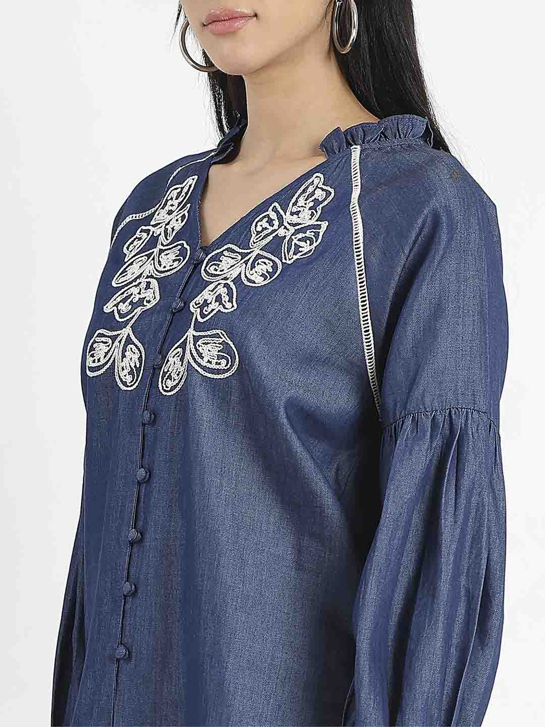 Madame Embroidered Cotton Blend Denim Top - Image 7