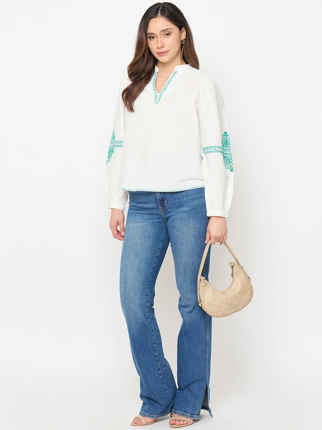 Madame Cotton Blend Balloon Sleeve White Top - Image 3