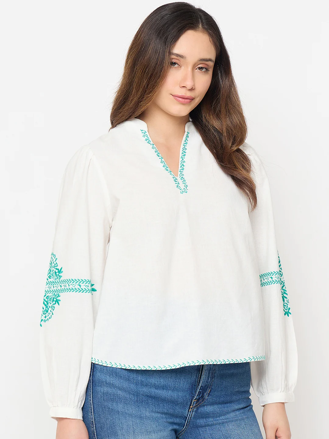 Madame Cotton Blend Balloon Sleeve White Top - Image 4