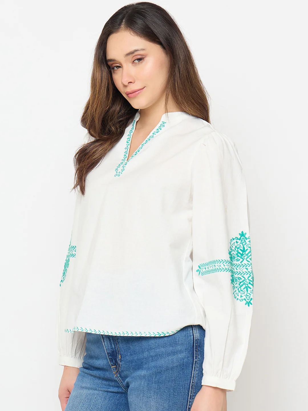 Madame Cotton Blend Balloon Sleeve White Top - Image 5