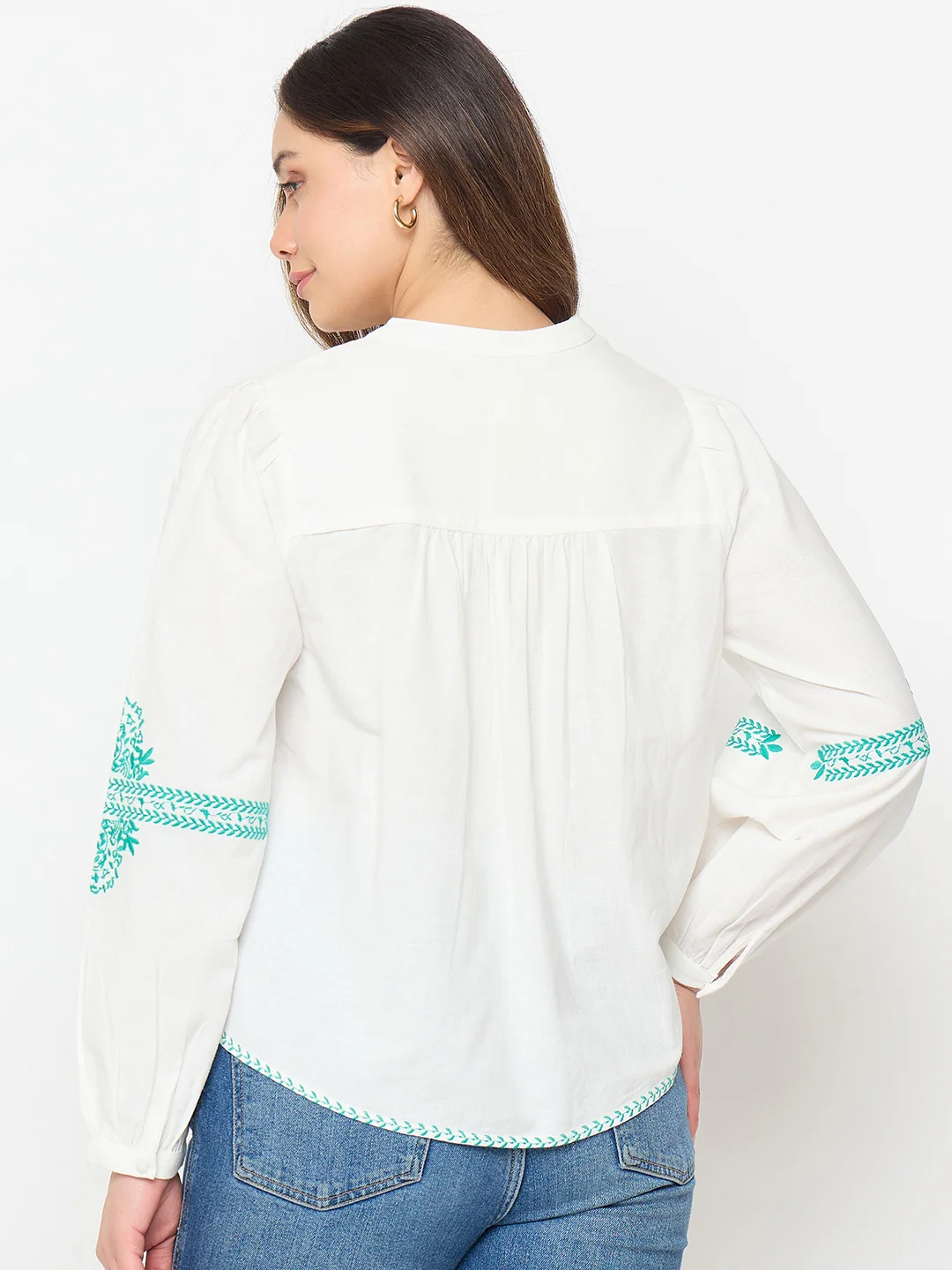 Madame Cotton Blend Balloon Sleeve White Top - Image 6