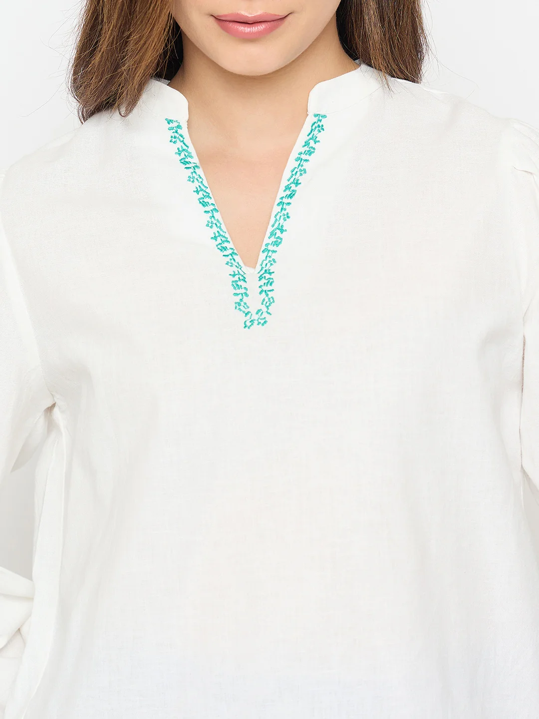 Madame Cotton Blend Balloon Sleeve White Top - Image 7