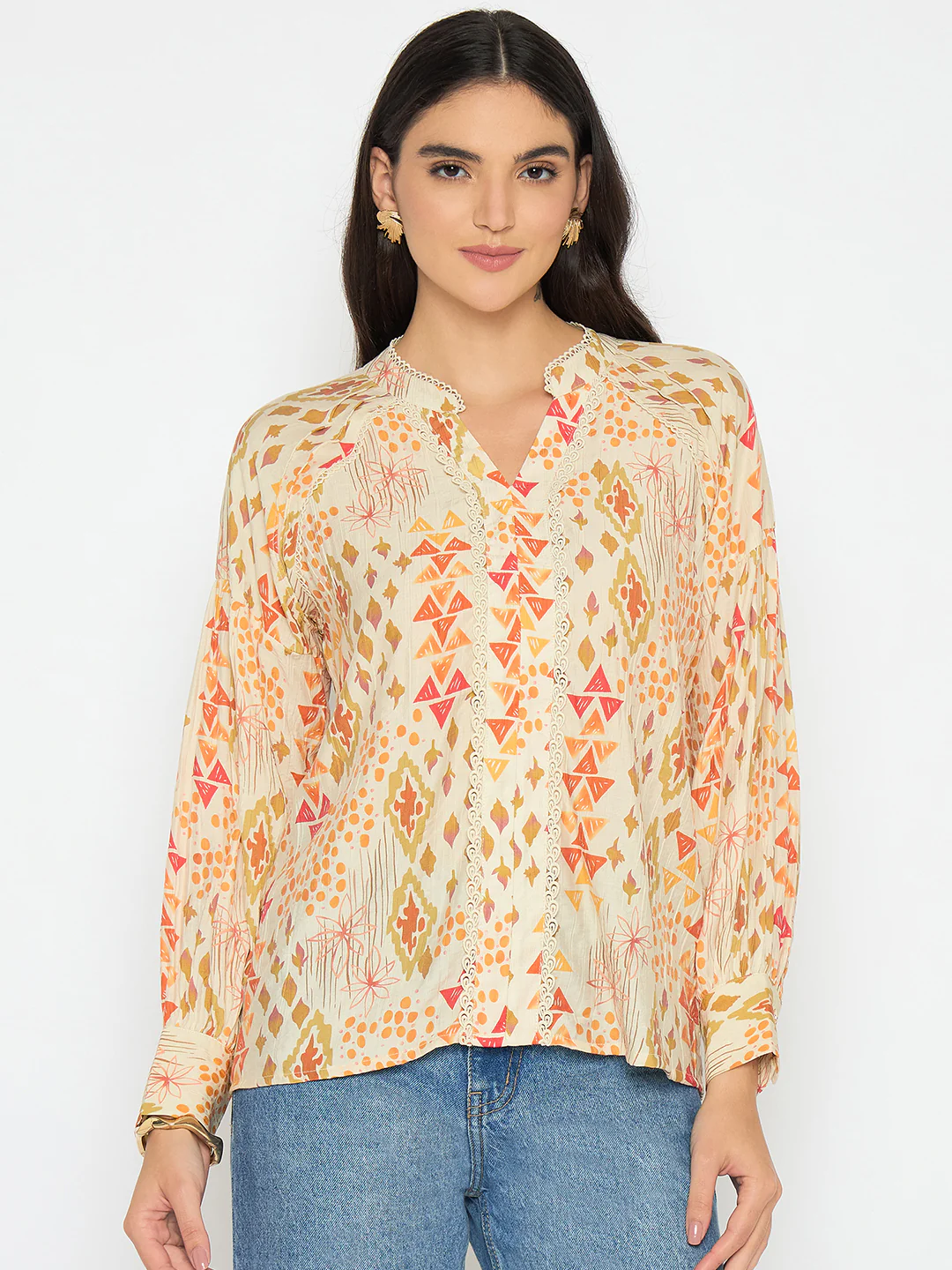 Madame All Over Print Beige Rayon Blend Top - Image 3