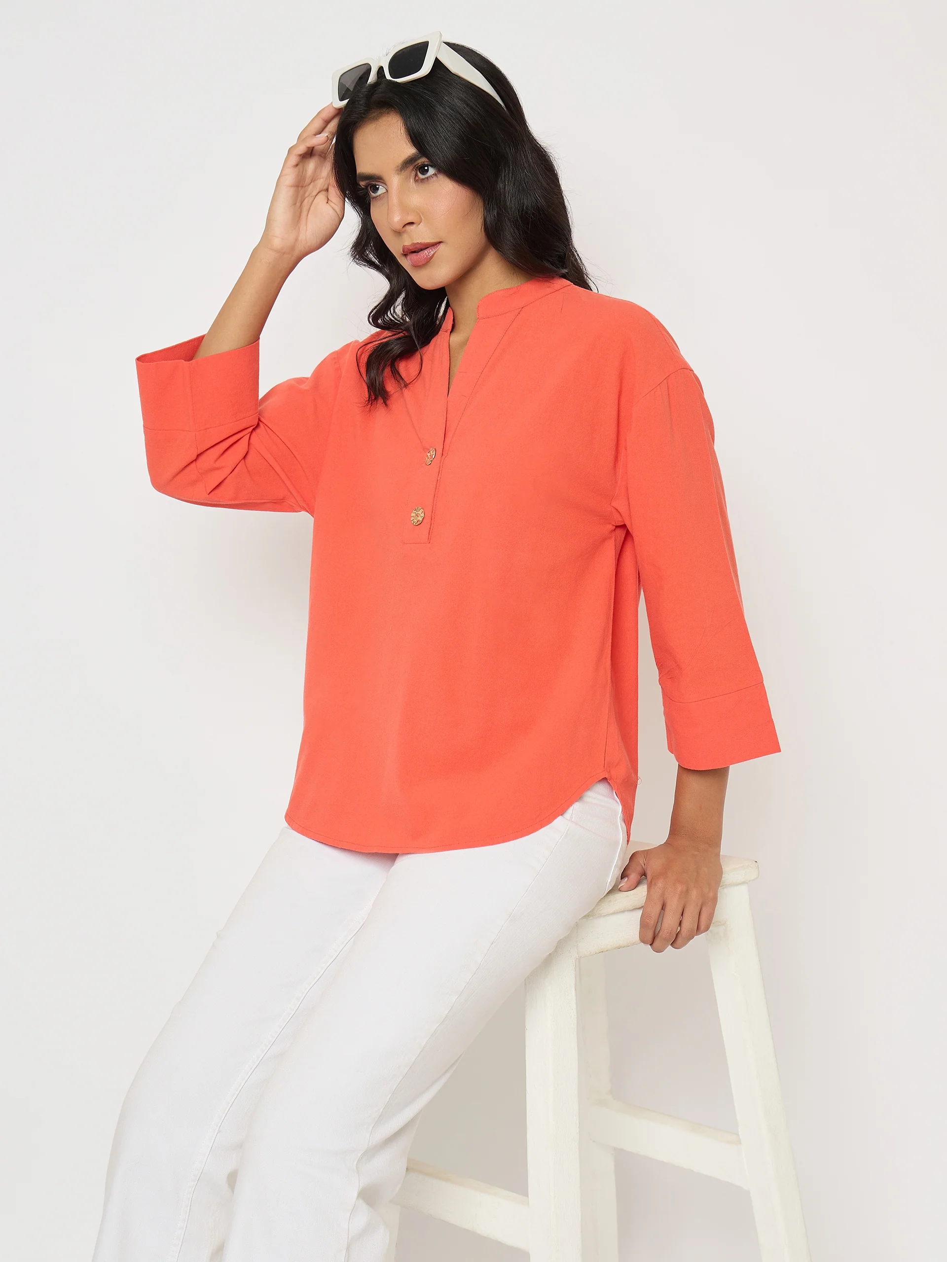 Madame Button Detail Solid Coral Cotton Top