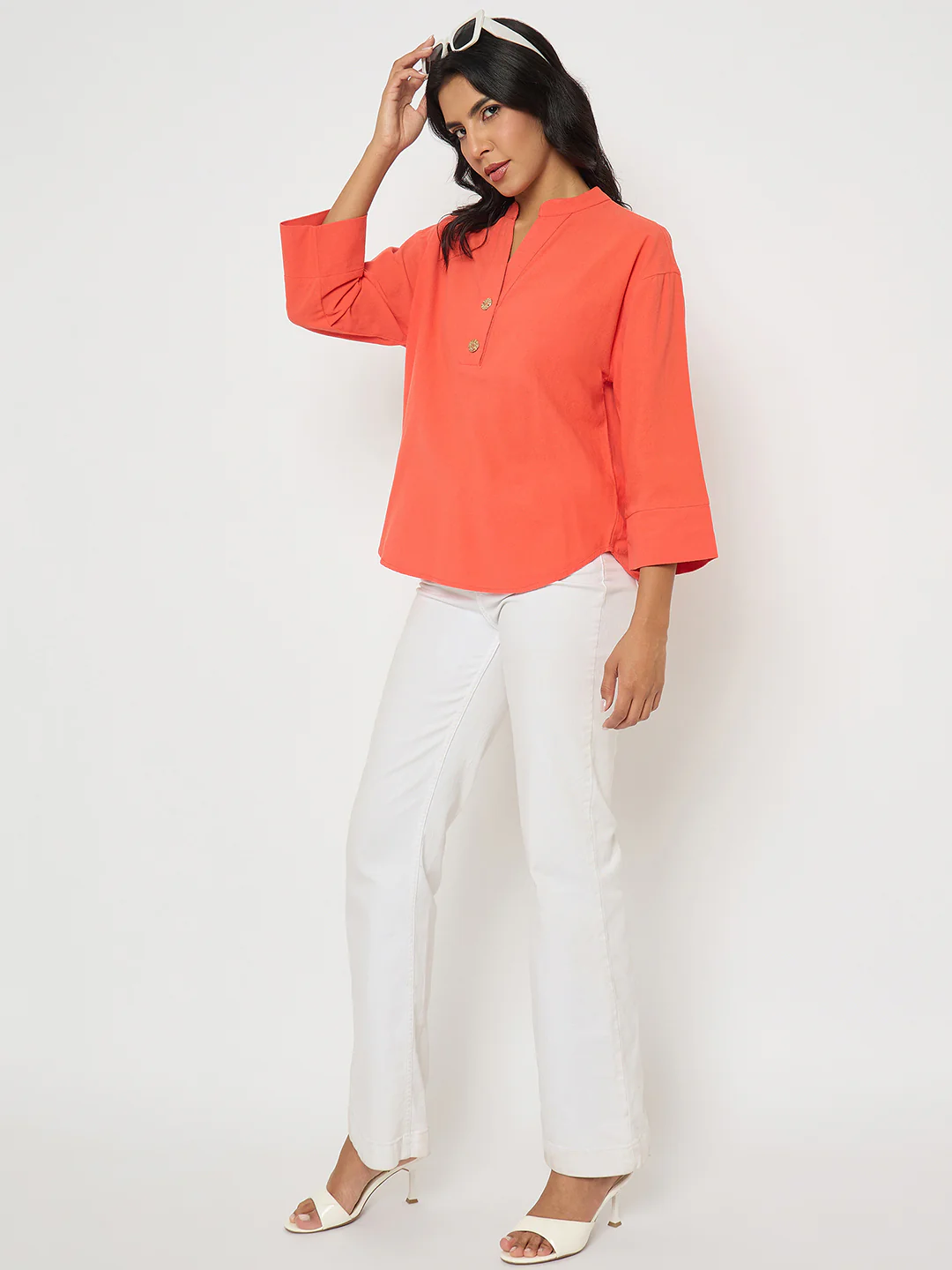 Madame Button Detail Solid Coral Cotton Top - Image 2