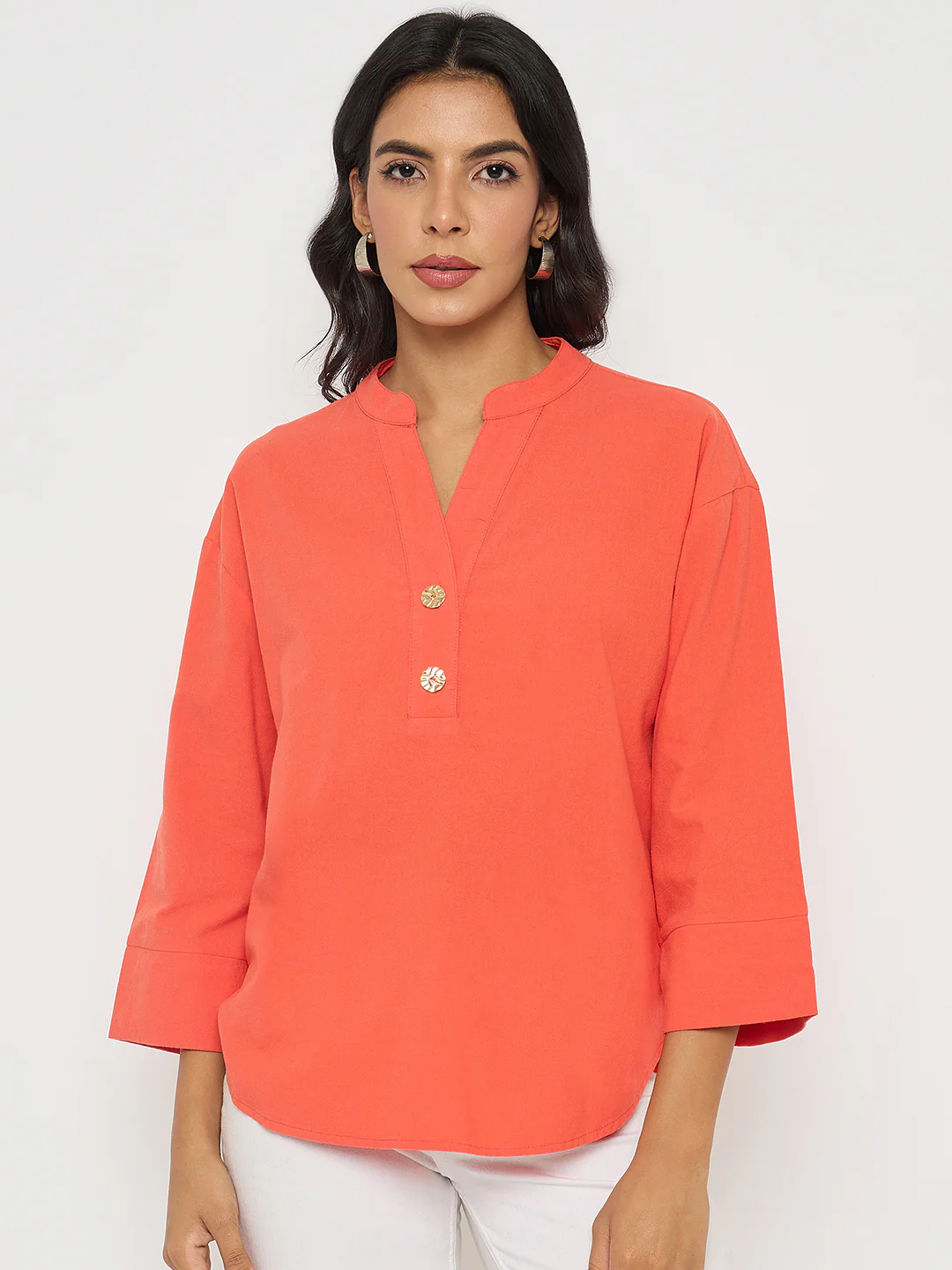 Madame Button Detail Solid Coral Cotton Top - Image 3