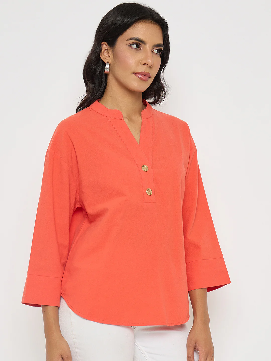 Madame Button Detail Solid Coral Cotton Top - Image 4