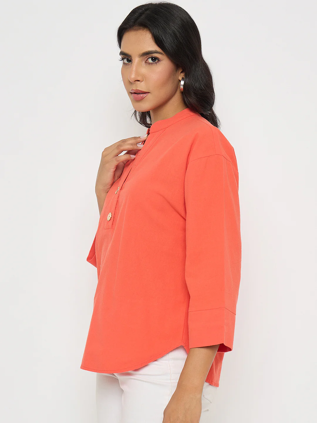 Madame Button Detail Solid Coral Cotton Top - Image 5