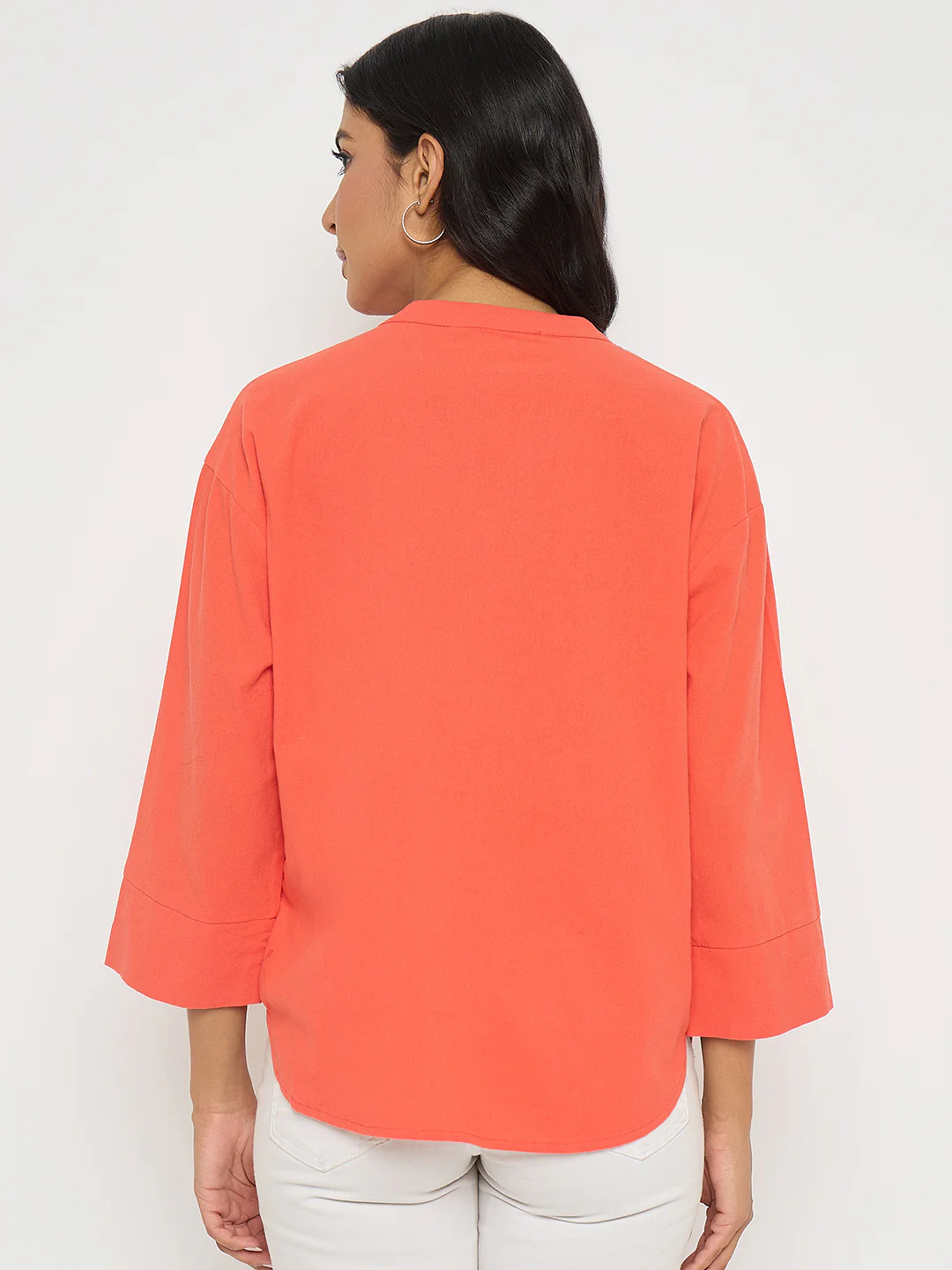 Madame Button Detail Solid Coral Cotton Top - Image 6
