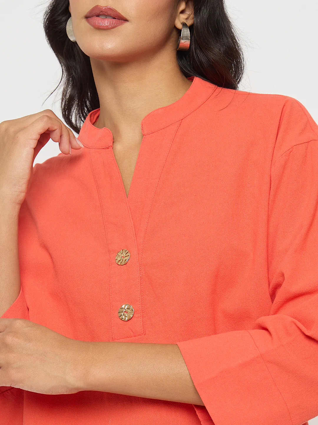 Madame Button Detail Solid Coral Cotton Top - Image 7