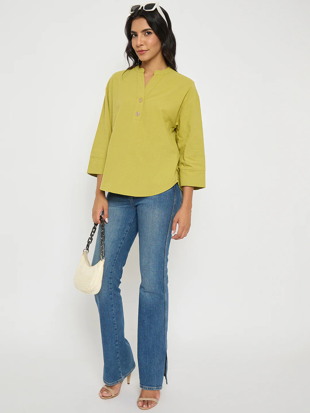 Madame Button Detail Solid Green Cotton Top - Image 2