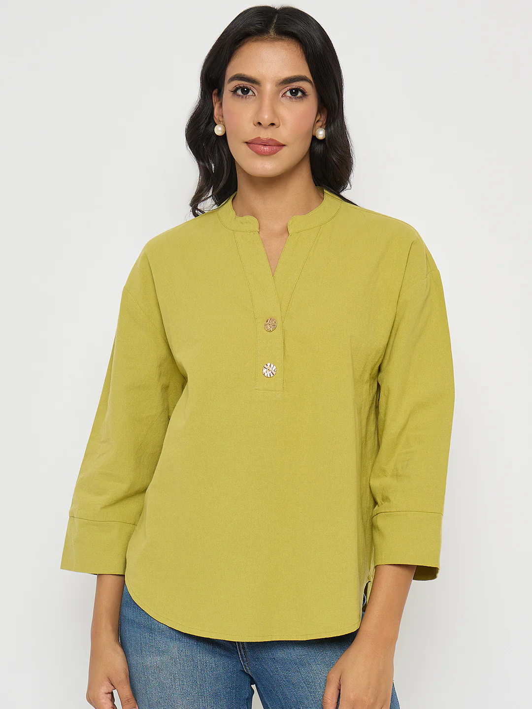 Madame Button Detail Solid Green Cotton Top - Image 3