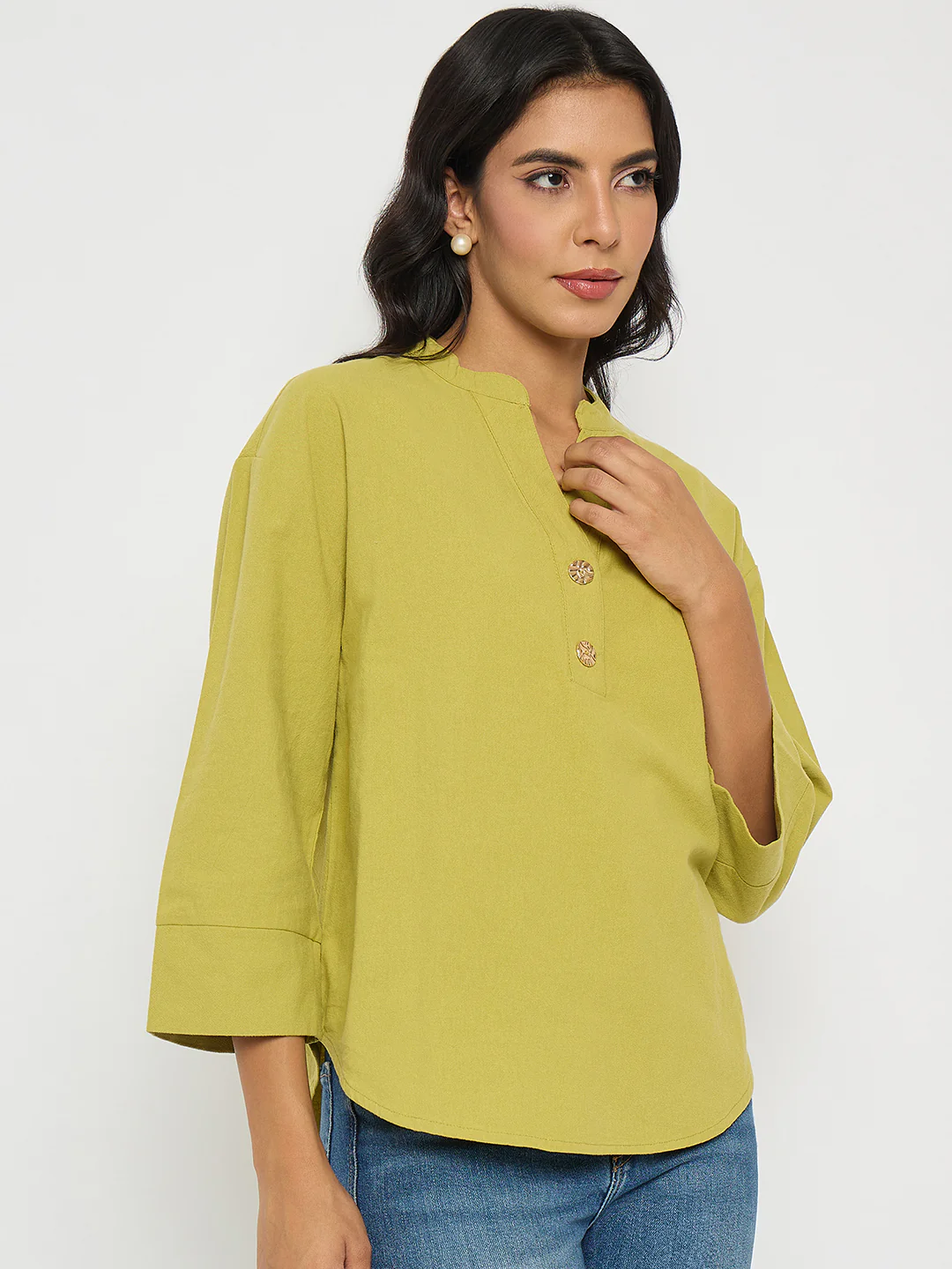 Madame Button Detail Solid Green Cotton Top - Image 4