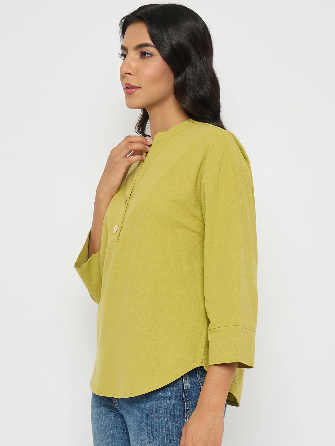 Madame Button Detail Solid Green Cotton Top - Image 5