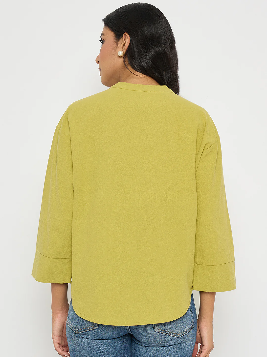 Madame Button Detail Solid Green Cotton Top - Image 6