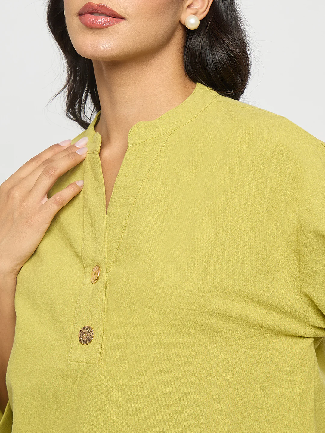 Madame Button Detail Solid Green Cotton Top - Image 7