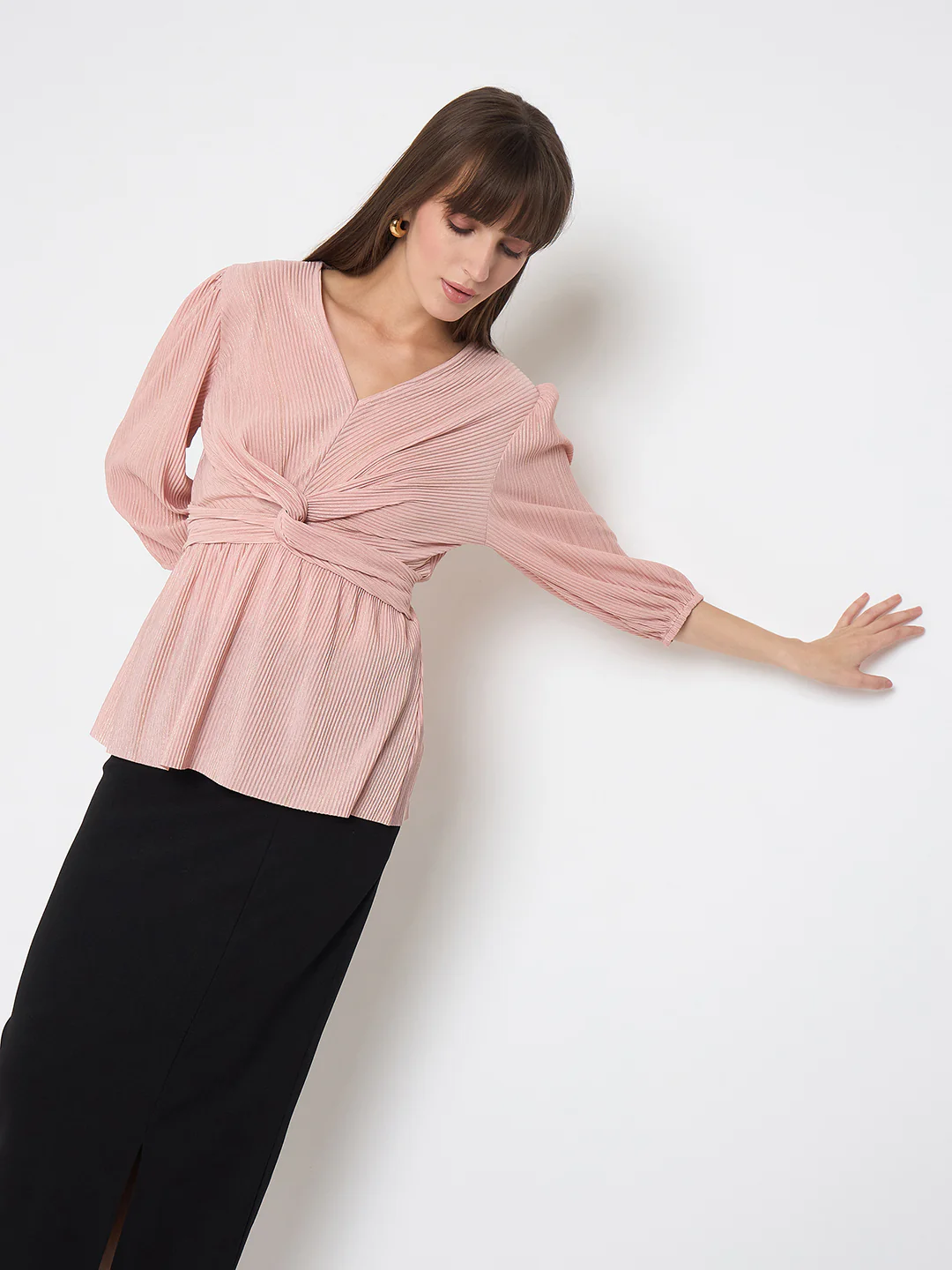 Madame Pliss Self Design Front Knot Peach Top