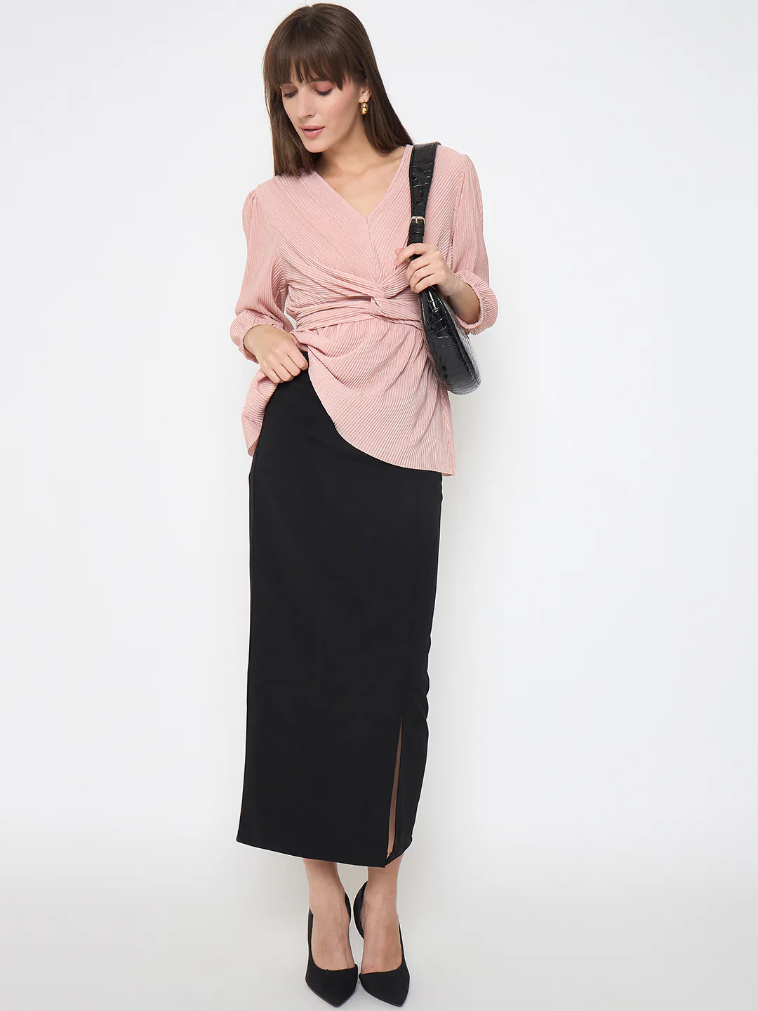 Madame Pliss Self Design Front Knot Peach Top - Image 2