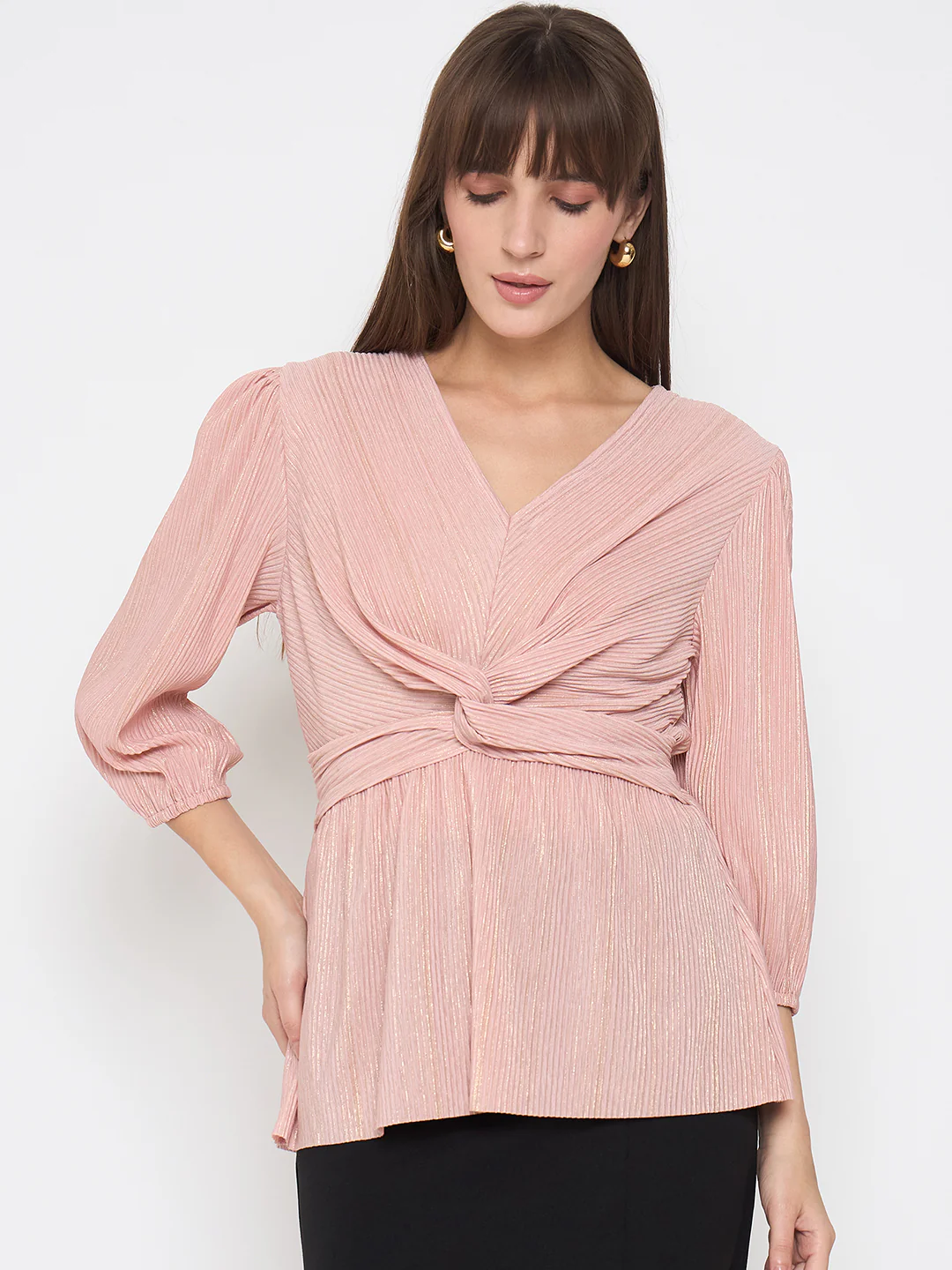 Madame Pliss Self Design Front Knot Peach Top - Image 3
