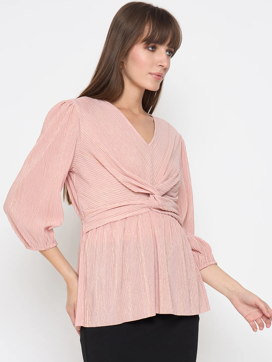 Madame Pliss Self Design Front Knot Peach Top - Image 4