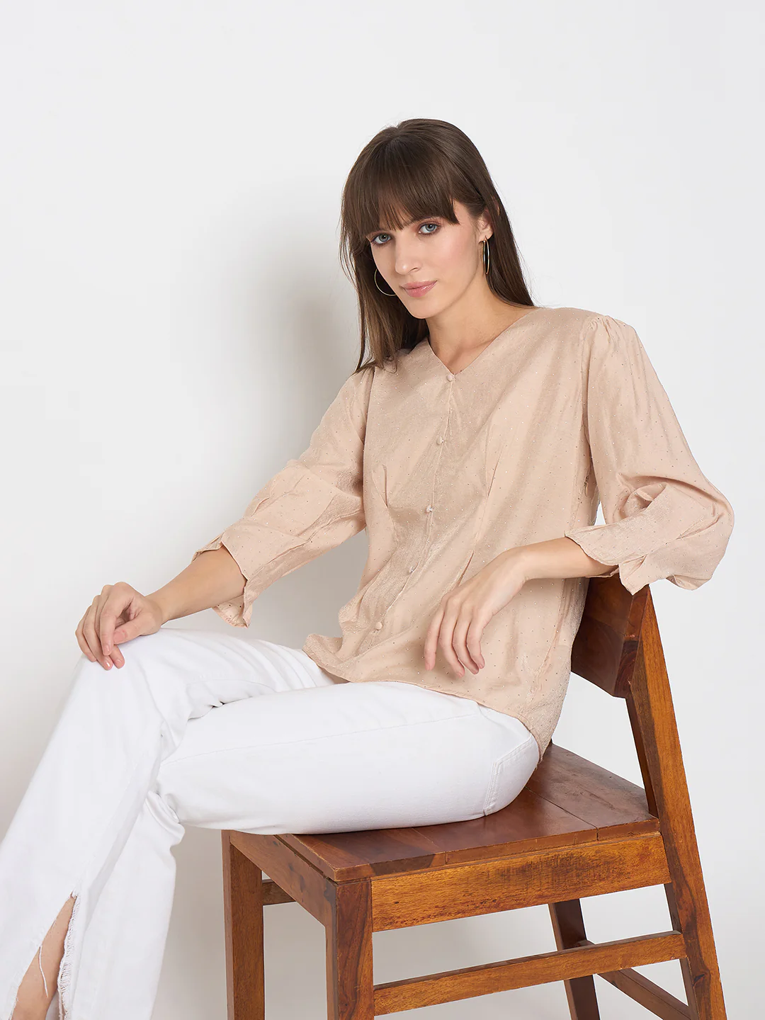 Madame Nylon Swarovski Dart Detailed Beige Top