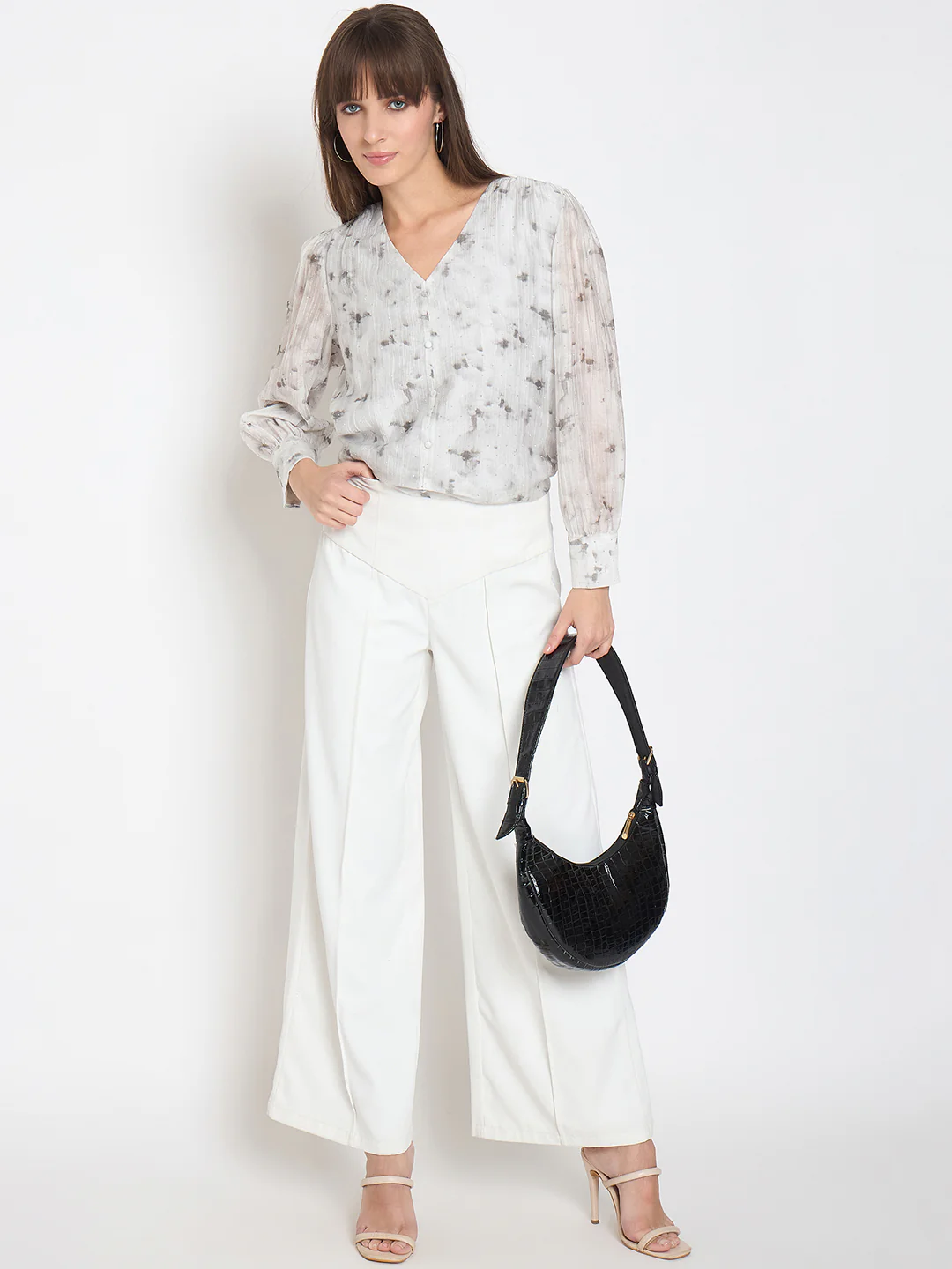 Madame Nylon Printed Embellished Grey Overlapping Top - Image 2