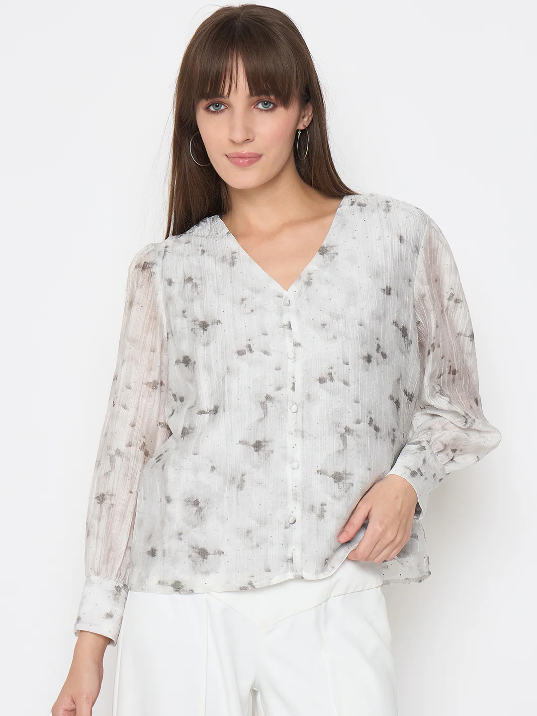 Madame Nylon Printed Embellished Grey Overlapping Top - Image 3