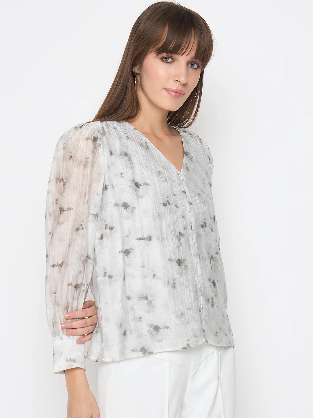 Madame Nylon Printed Embellished Grey Overlapping Top - Image 4